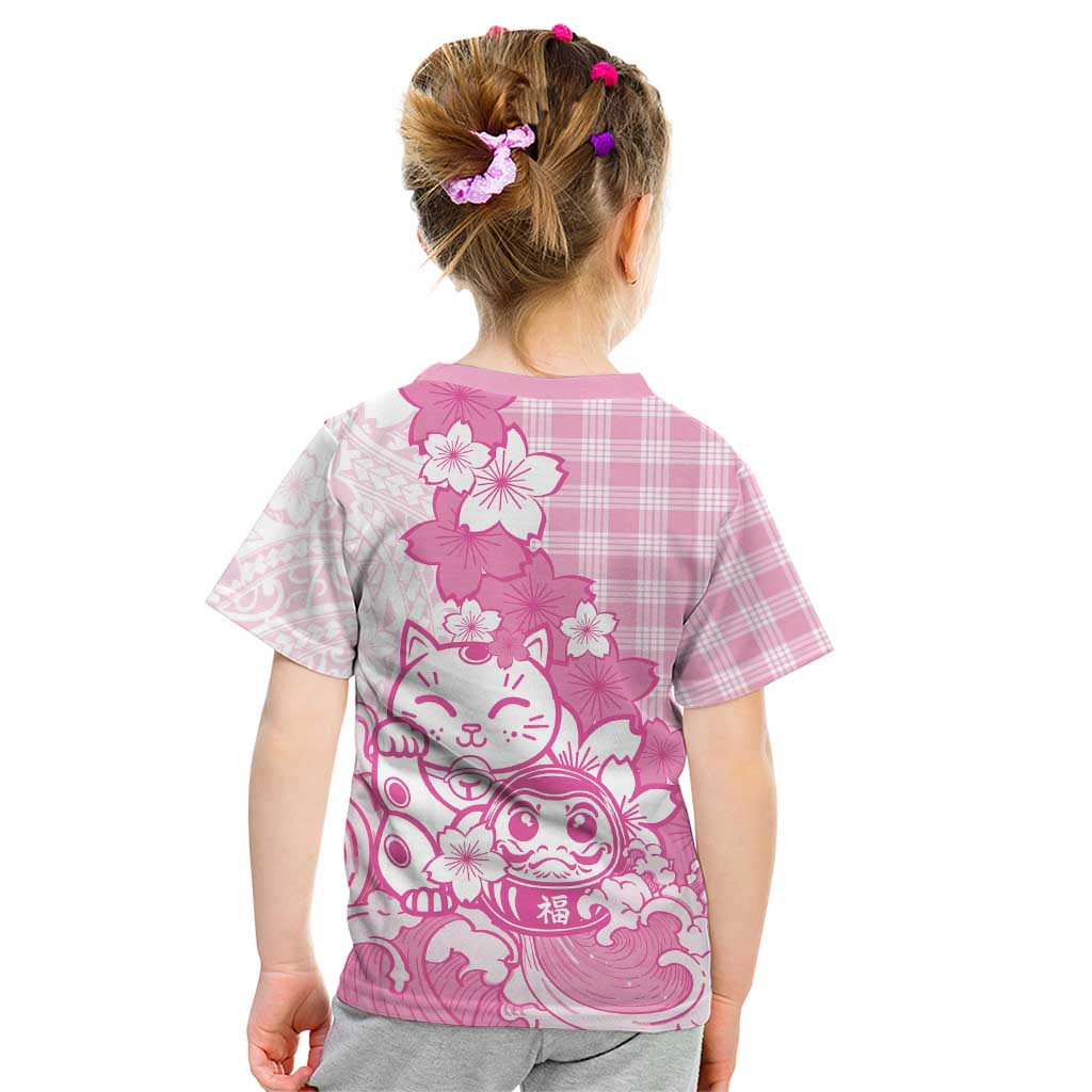 Pink Palaka Hawaiian And Japanese Kid T Shirt Maneki Neko And Sakura Bloom