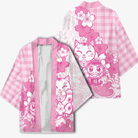 Pink Palaka Hawaiian And Japanese Kimono Maneki Neko And Sakura Bloom