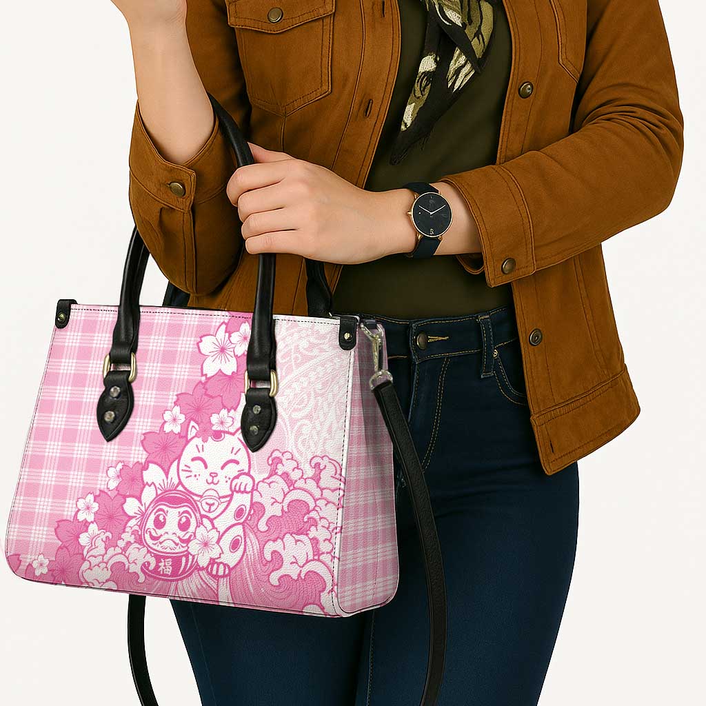 Pink Palaka Hawaiian And Japanese Leather Bag Maneki Neko And Sakura Bloom