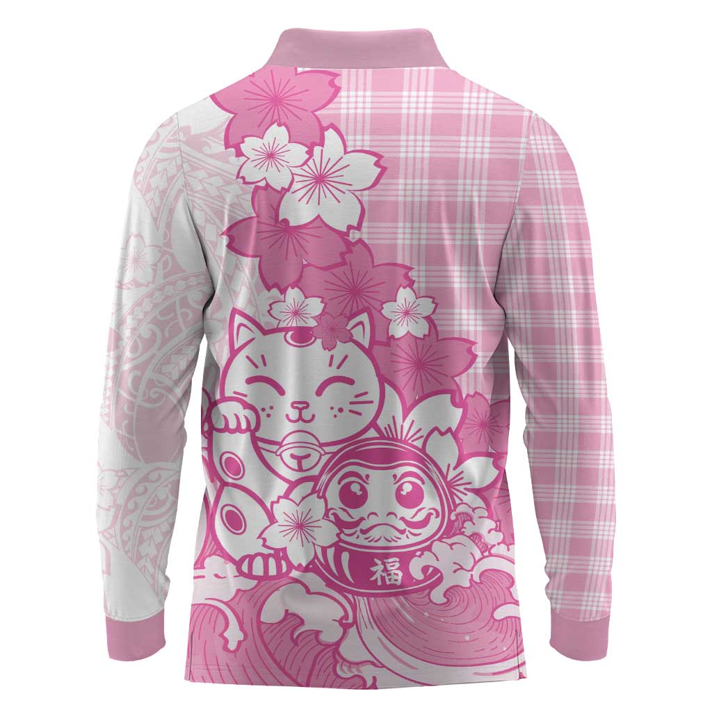 Pink Palaka Hawaiian And Japanese Long Sleeve Polo Shirt Maneki Neko And Sakura Bloom