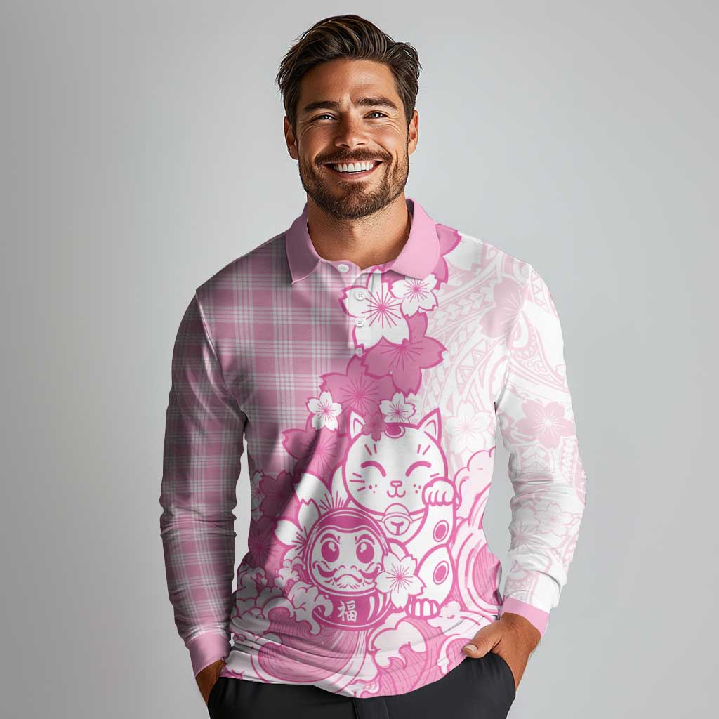 Pink Palaka Hawaiian And Japanese Long Sleeve Polo Shirt Maneki Neko And Sakura Bloom