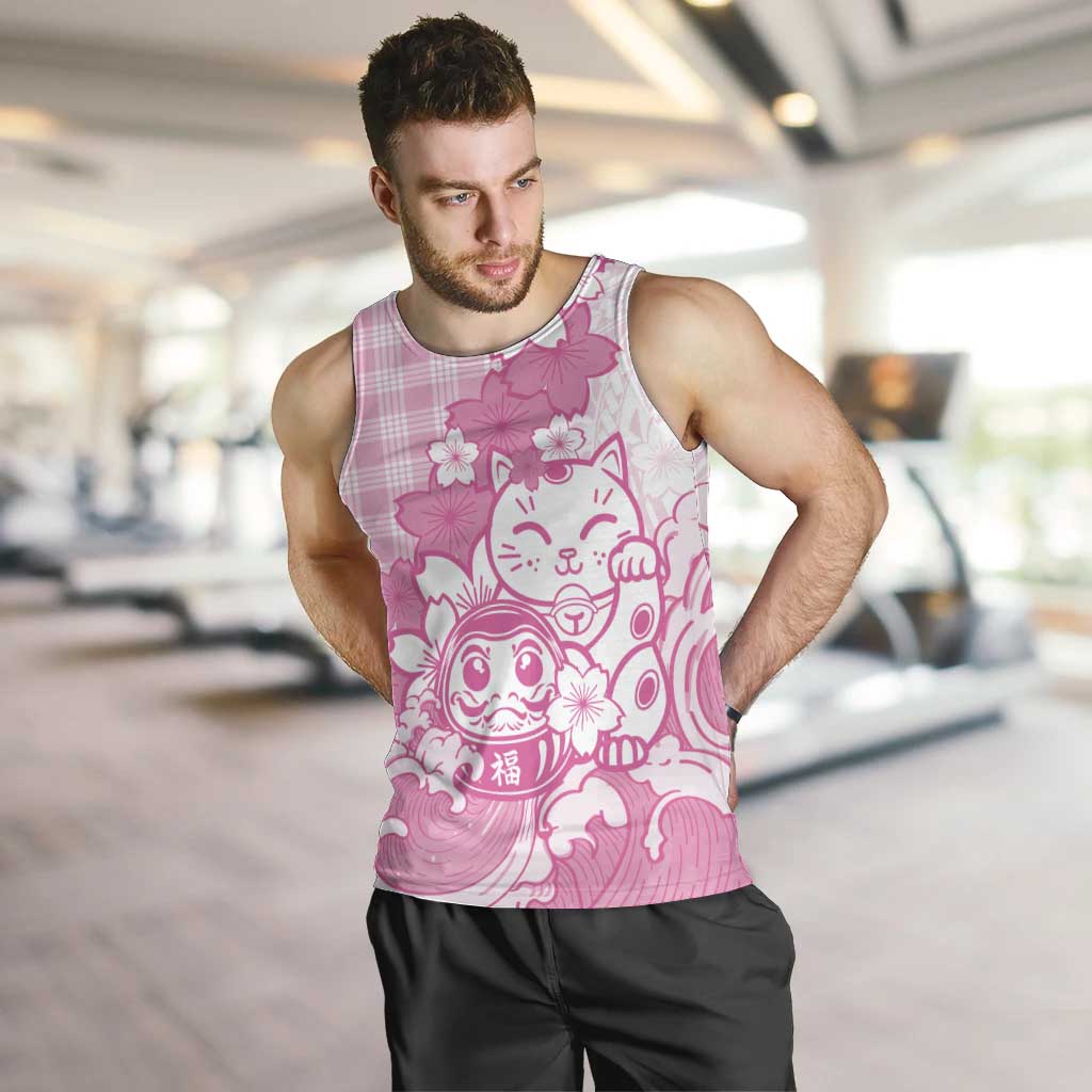 Pink Palaka Hawaiian And Japanese Men Tank Top Maneki Neko And Sakura Bloom
