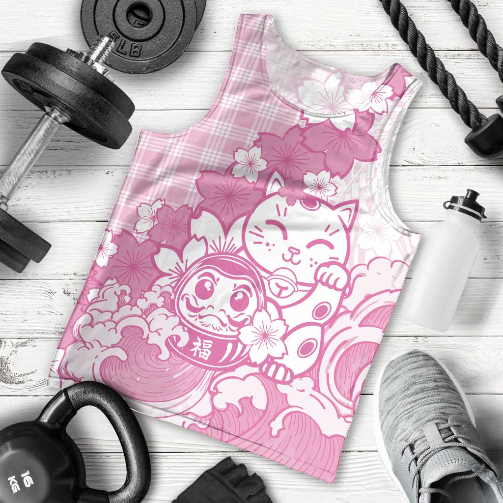 Pink Palaka Hawaiian And Japanese Men Tank Top Maneki Neko And Sakura Bloom