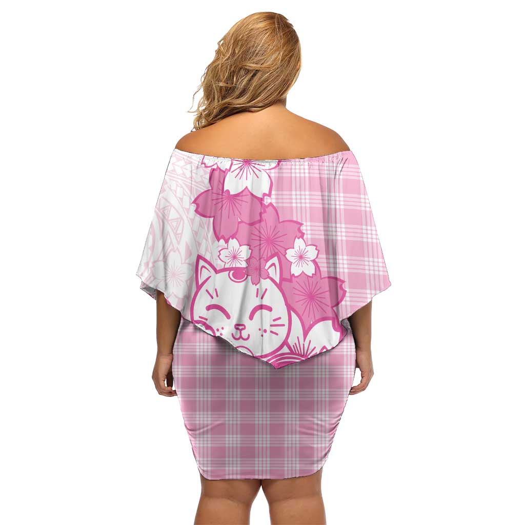 Pink Palaka Hawaiian And Japanese Off Shoulder Short Dress Maneki Neko And Sakura Bloom