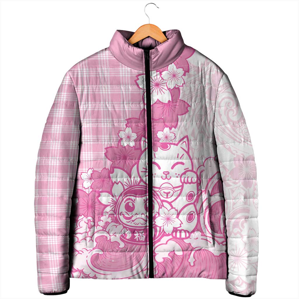 Pink Palaka Hawaiian And Japanese Padded Jacket Maneki Neko And Sakura Bloom