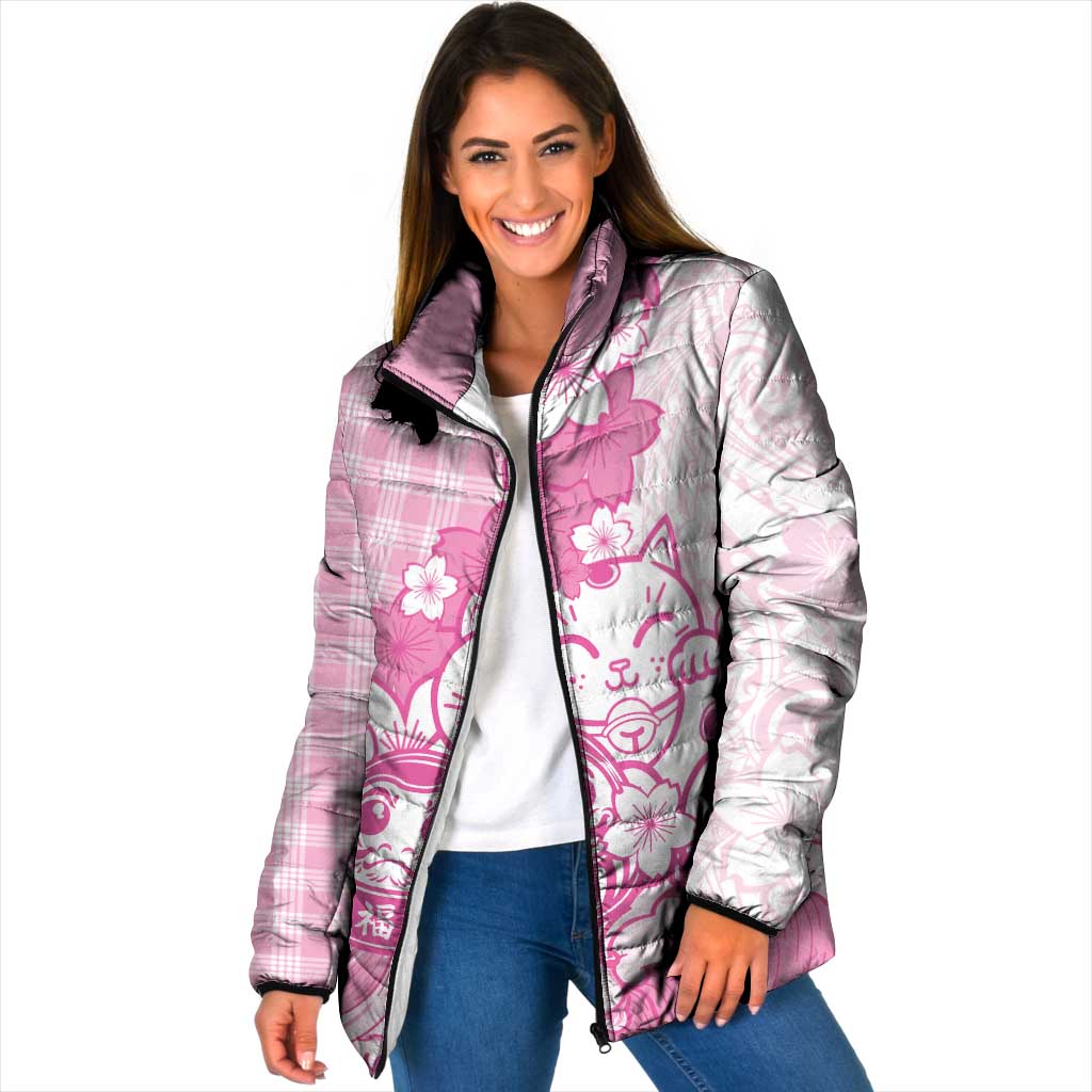 Pink Palaka Hawaiian And Japanese Padded Jacket Maneki Neko And Sakura Bloom