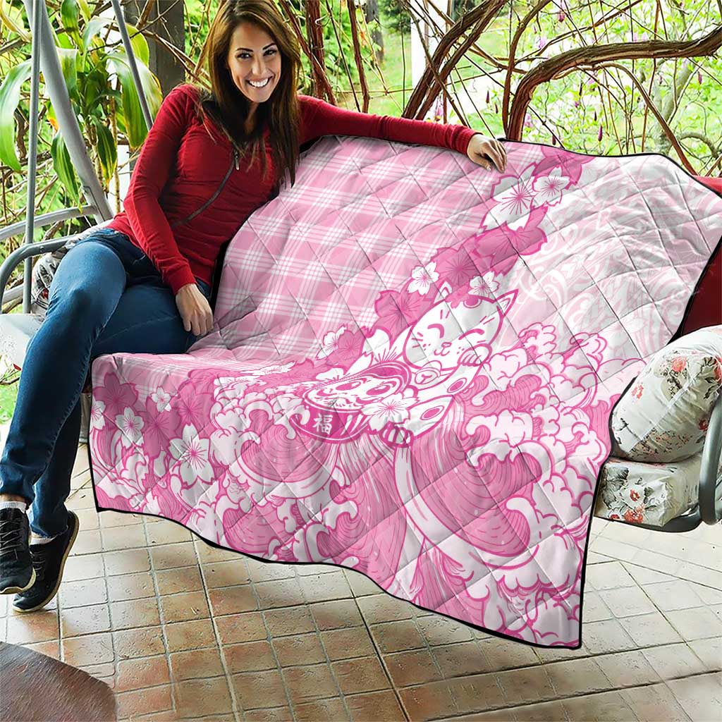 Pink Palaka Hawaiian And Japanese Quilt Maneki Neko And Sakura Bloom