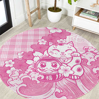 Pink Palaka Hawaiian And Japanese Round Carpet Maneki Neko And Sakura Bloom