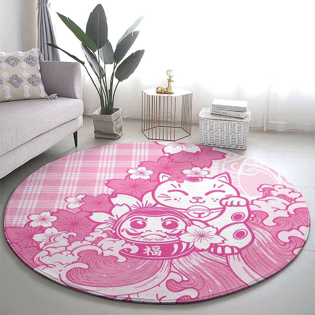 Pink Palaka Hawaiian And Japanese Round Carpet Maneki Neko And Sakura Bloom