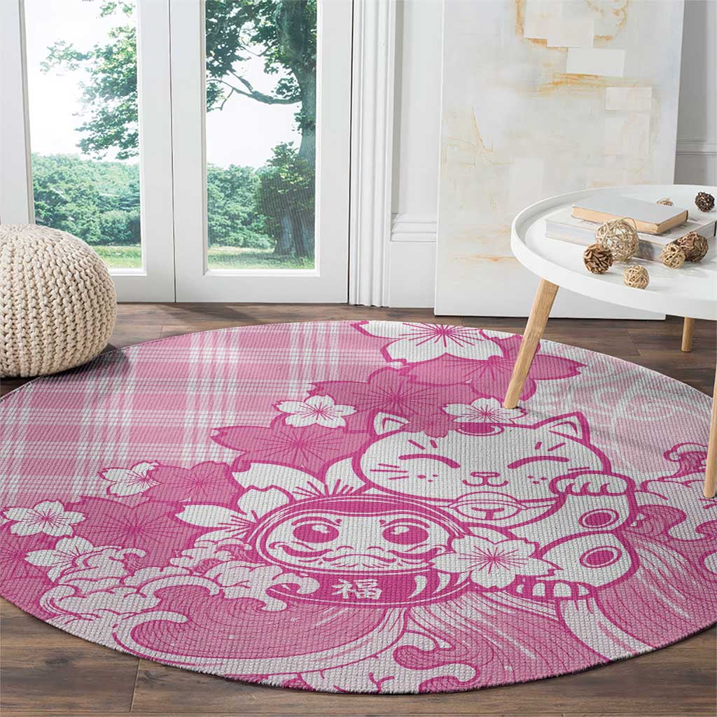 Pink Palaka Hawaiian And Japanese Round Carpet Maneki Neko And Sakura Bloom