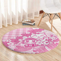 Pink Palaka Hawaiian And Japanese Round Carpet Maneki Neko And Sakura Bloom