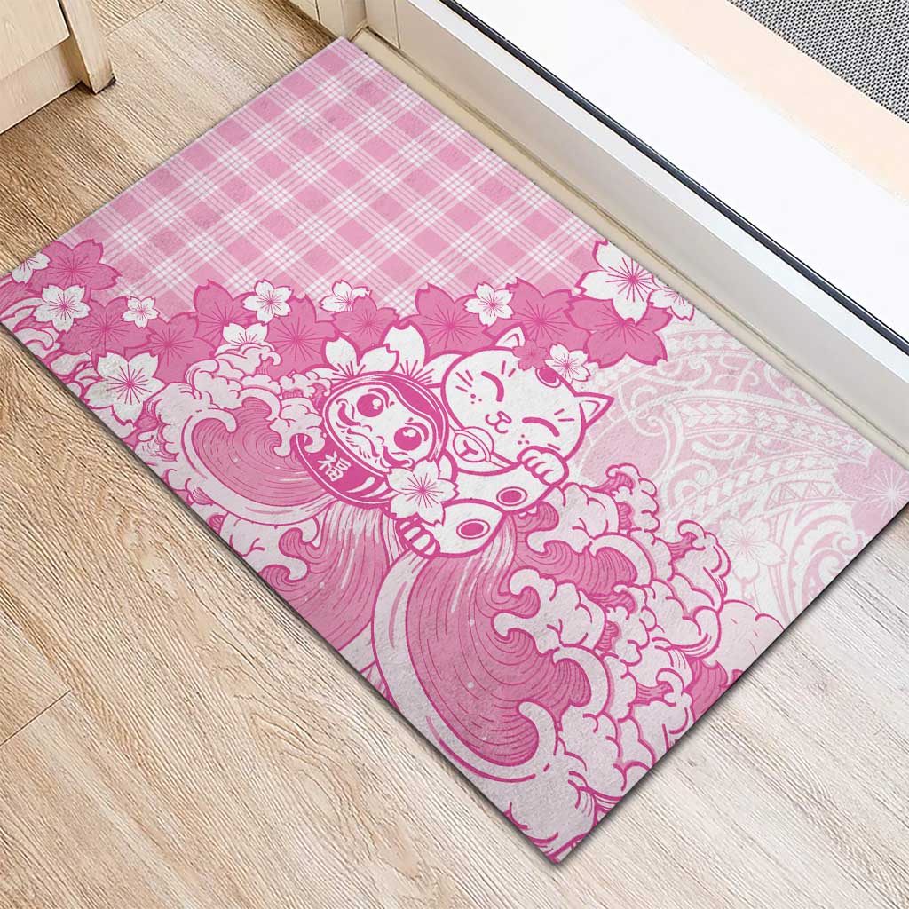 Pink Palaka Hawaiian And Japanese Rubber Doormat Maneki Neko And Sakura Bloom