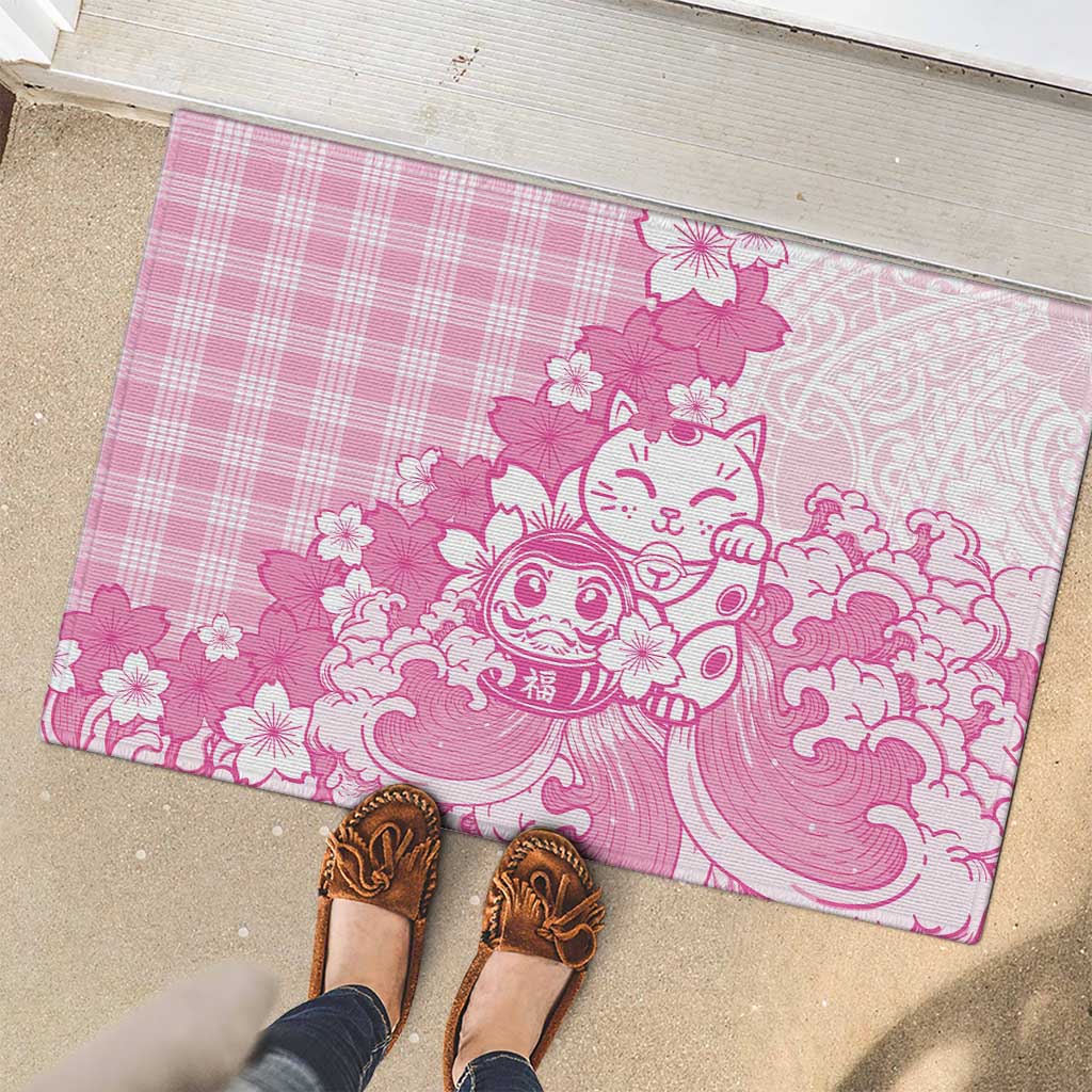 Pink Palaka Hawaiian And Japanese Rubber Doormat Maneki Neko And Sakura Bloom