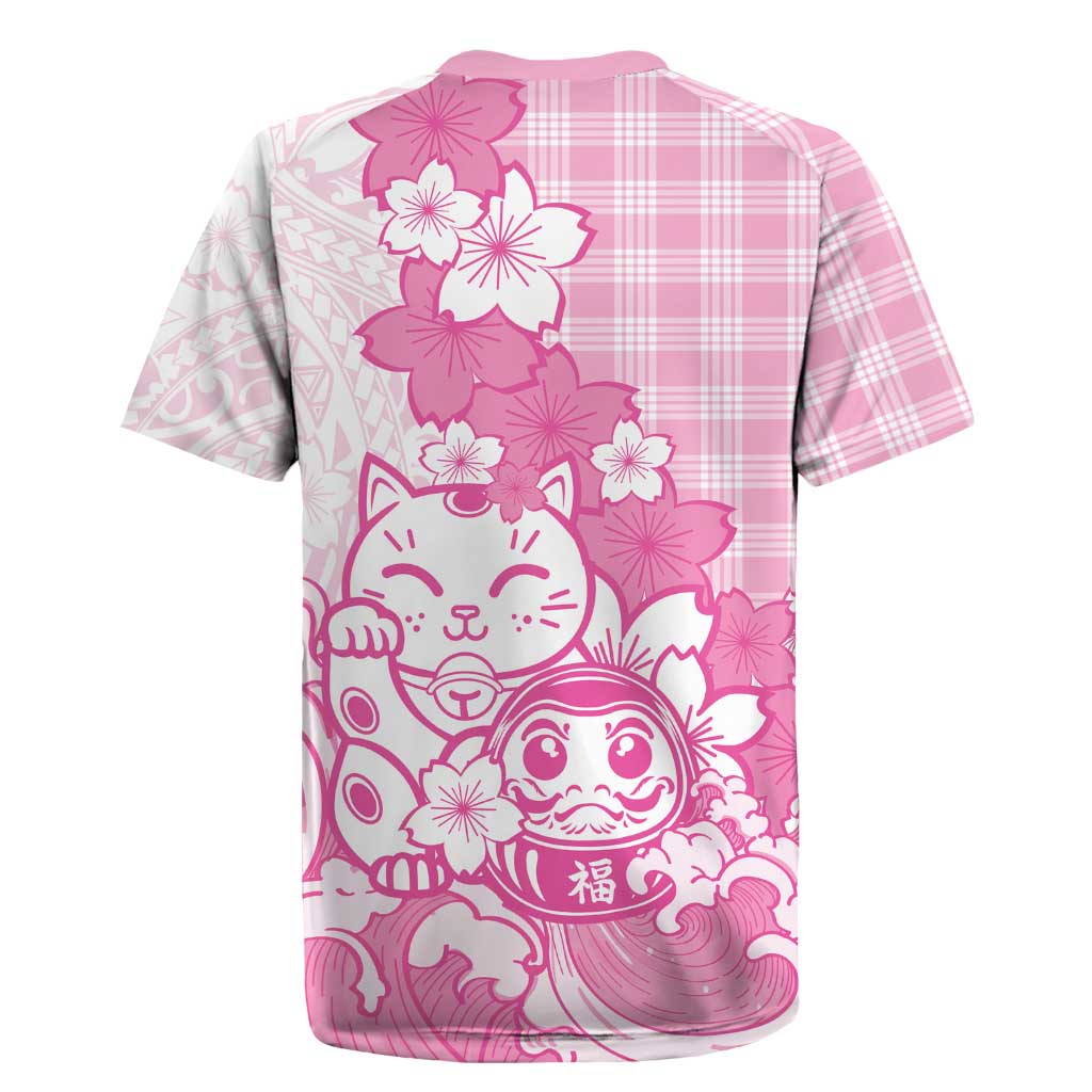 Pink Palaka Hawaiian And Japanese Rugby Jersey Maneki Neko And Sakura Bloom