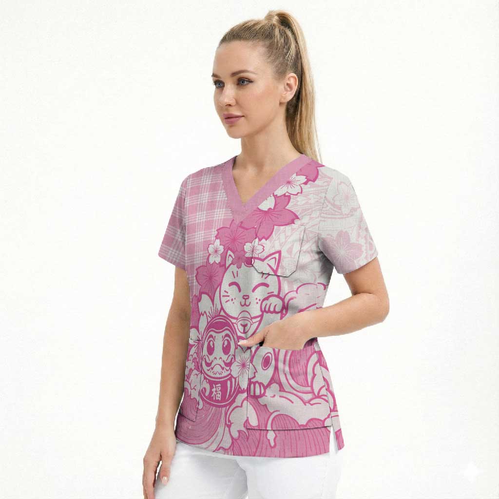 Pink Palaka Hawaiian And Japanese Scrub Top Maneki Neko And Sakura Bloom