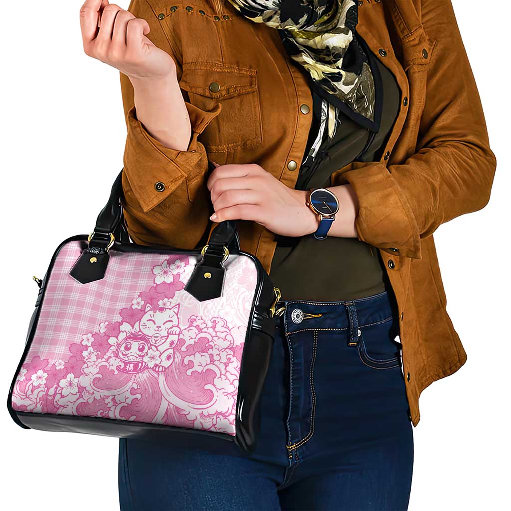 Pink Palaka Hawaiian And Japanese Shoulder Handbag Maneki Neko And Sakura Bloom
