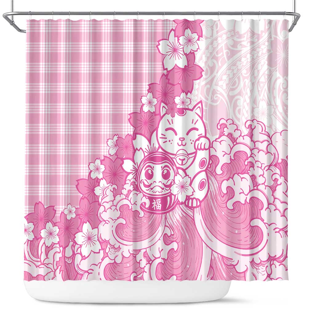 Pink Palaka Hawaiian And Japanese Shower Curtain Maneki Neko And Sakura Bloom