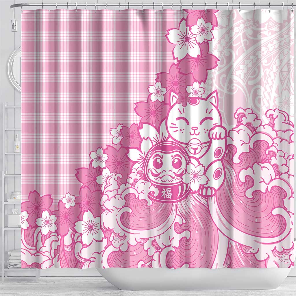 Pink Palaka Hawaiian And Japanese Shower Curtain Maneki Neko And Sakura Bloom