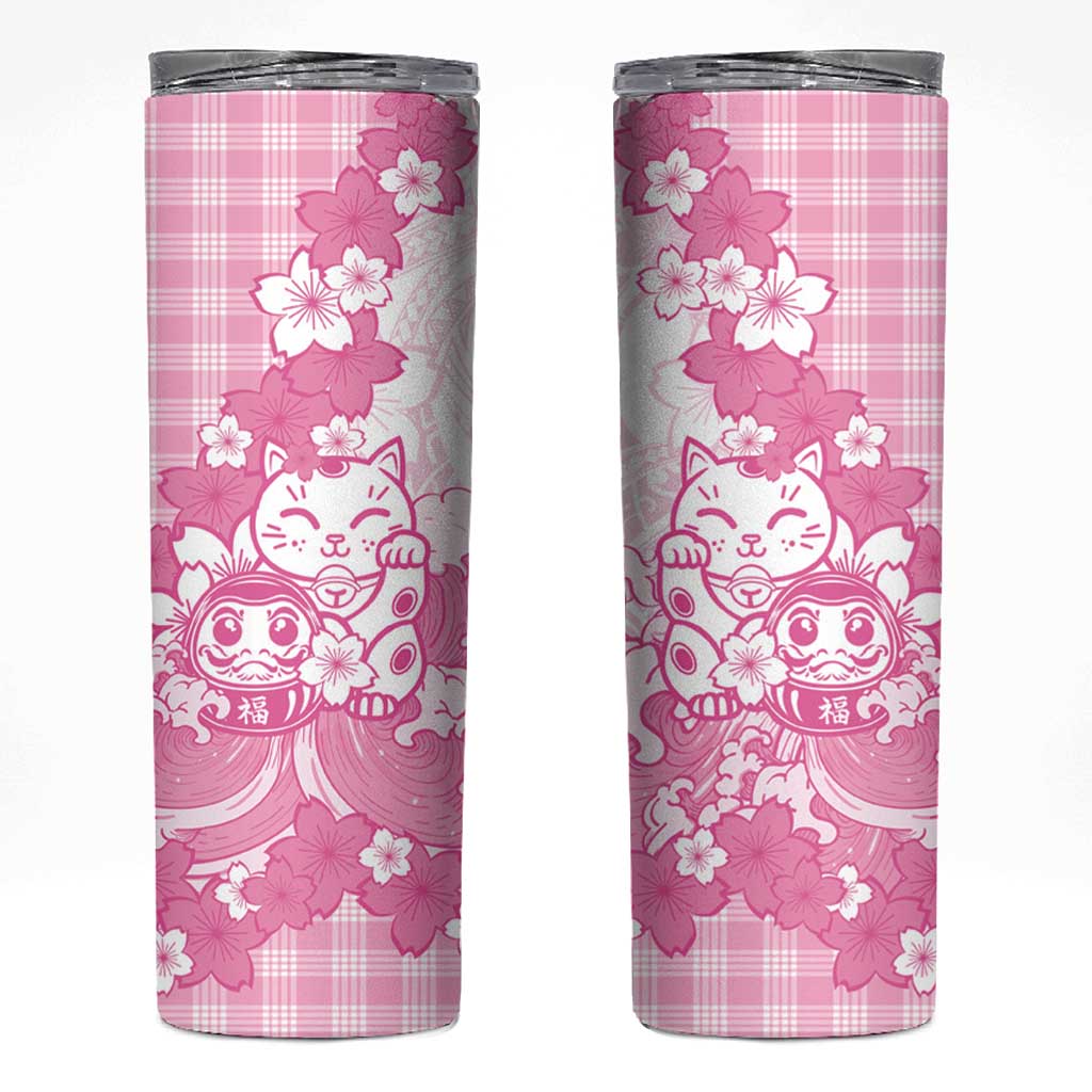 Pink Palaka Hawaiian And Japanese Skinny Tumbler Maneki Neko And Sakura Bloom DT05 Pink - Polynesian Pride
