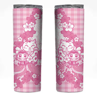 Pink Palaka Hawaiian And Japanese Skinny Tumbler Maneki Neko And Sakura Bloom DT05 Pink - Polynesian Pride
