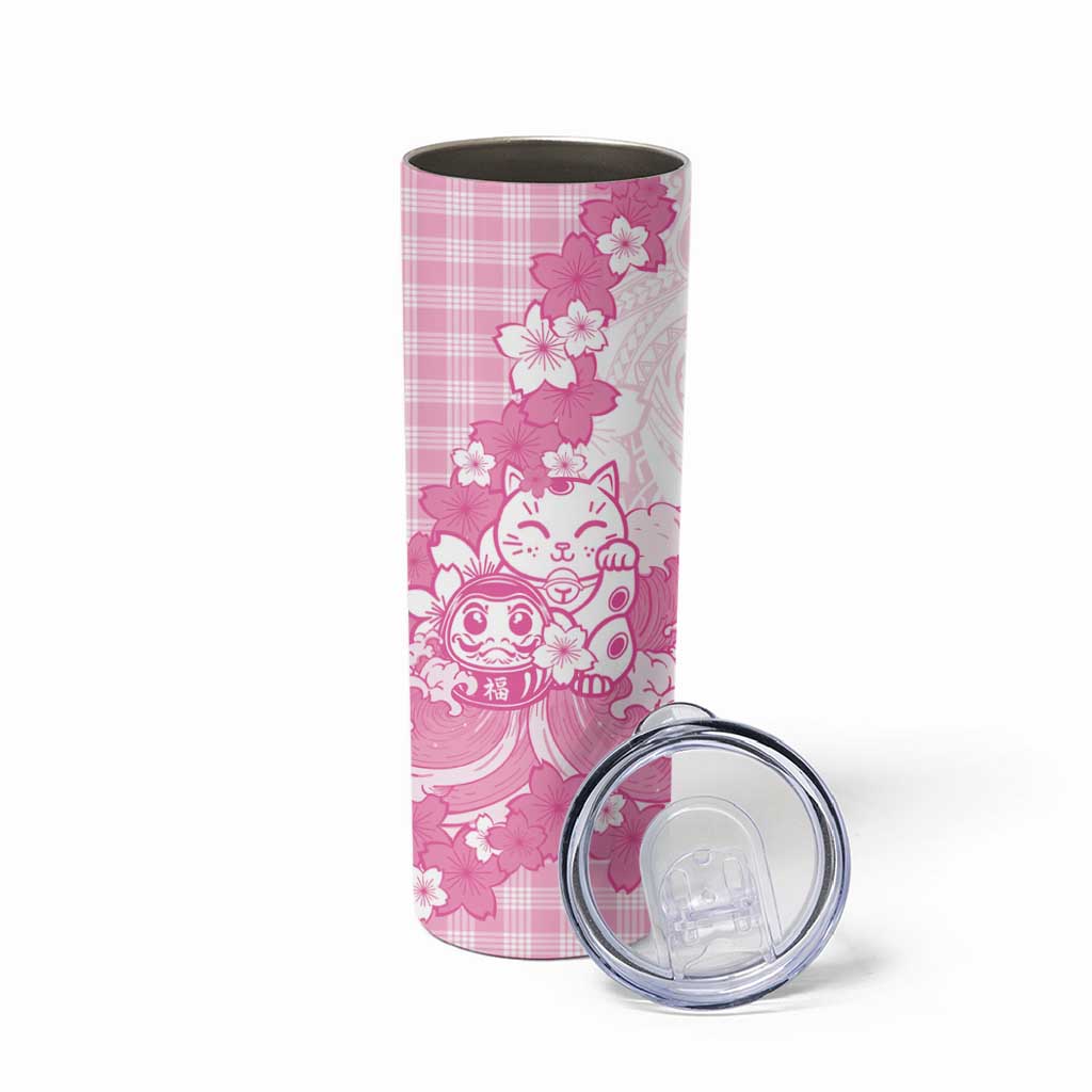 Pink Palaka Hawaiian And Japanese Skinny Tumbler Maneki Neko And Sakura Bloom DT05 - Polynesian Pride