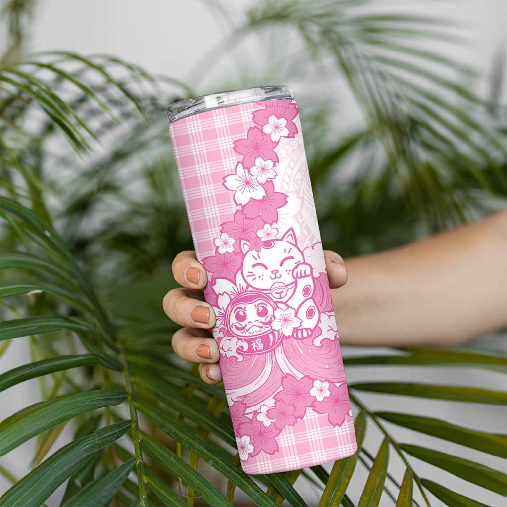 Pink Palaka Hawaiian And Japanese Skinny Tumbler Maneki Neko And Sakura Bloom DT05 - Polynesian Pride
