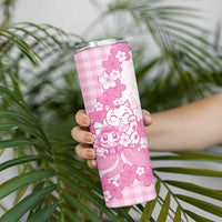 Pink Palaka Hawaiian And Japanese Skinny Tumbler Maneki Neko And Sakura Bloom DT05 - Polynesian Pride