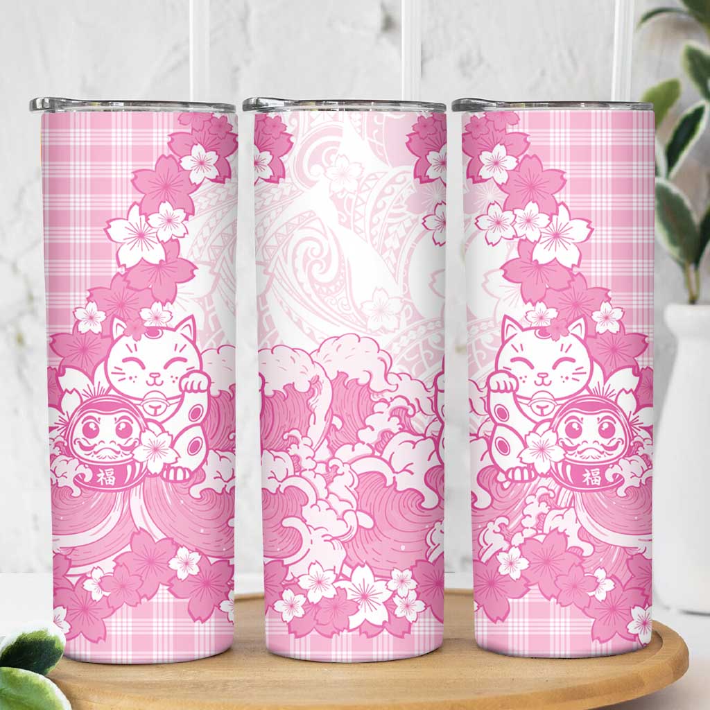 Pink Palaka Hawaiian And Japanese Skinny Tumbler Maneki Neko And Sakura Bloom DT05 - Polynesian Pride