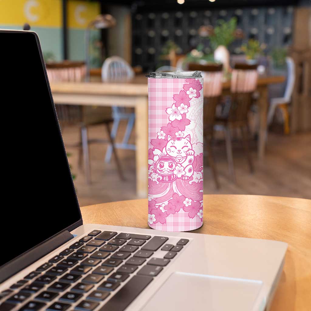 Pink Palaka Hawaiian And Japanese Skinny Tumbler Maneki Neko And Sakura Bloom DT05 - Polynesian Pride