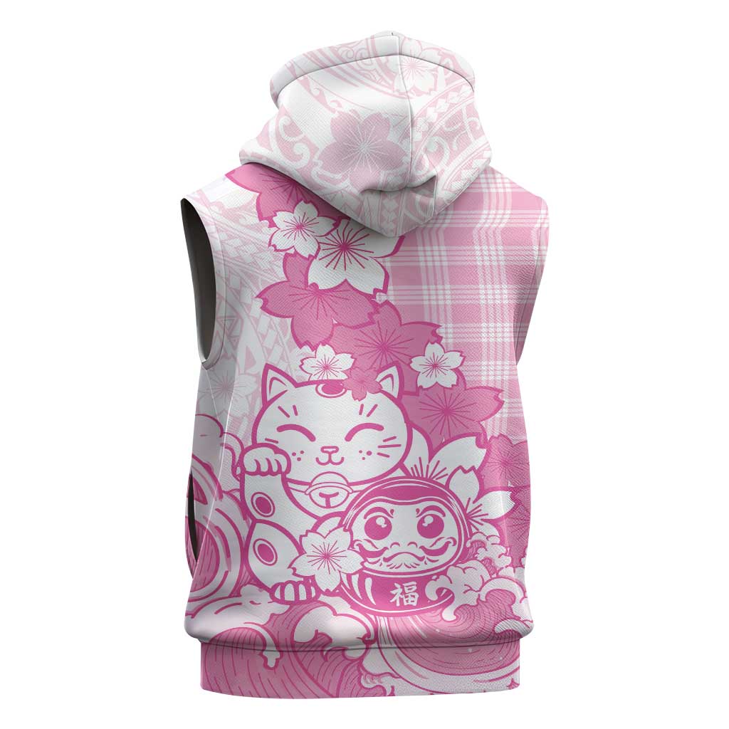 Pink Palaka Hawaiian And Japanese Sleeveless Hoodie Maneki Neko And Sakura Bloom
