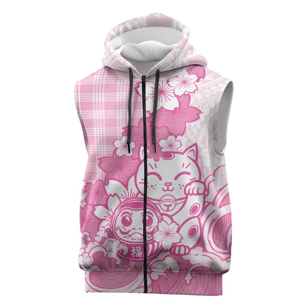 Pink Palaka Hawaiian And Japanese Sleeveless Zip Hoodie Maneki Neko And Sakura Bloom