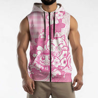 Pink Palaka Hawaiian And Japanese Sleeveless Zip Hoodie Maneki Neko And Sakura Bloom