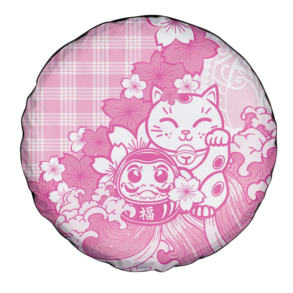 Pink Palaka Hawaiian And Japanese Spare Tire Cover Maneki Neko And Sakura Bloom