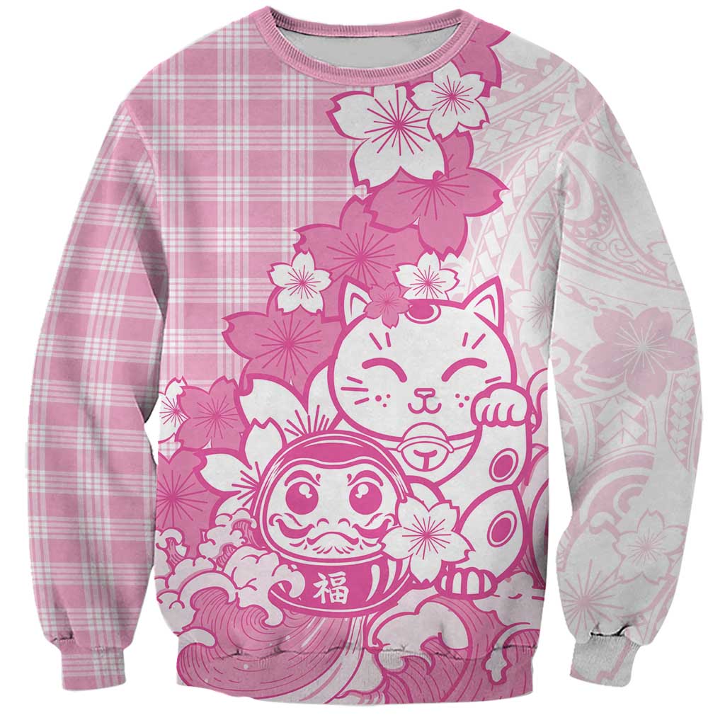 Pink Palaka Hawaiian And Japanese Sweatshirt Maneki Neko And Sakura Bloom