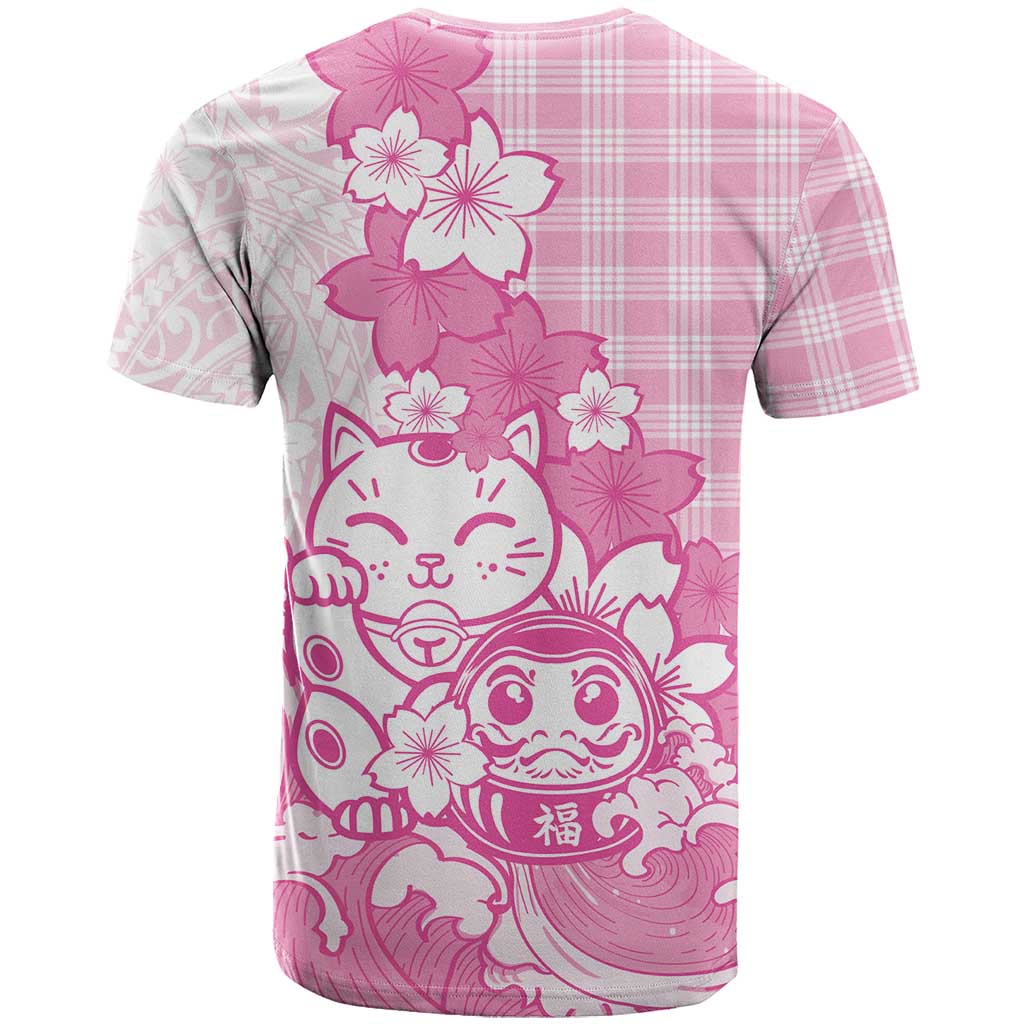 Pink Palaka Hawaiian And Japanese T Shirt Maneki Neko And Sakura Bloom