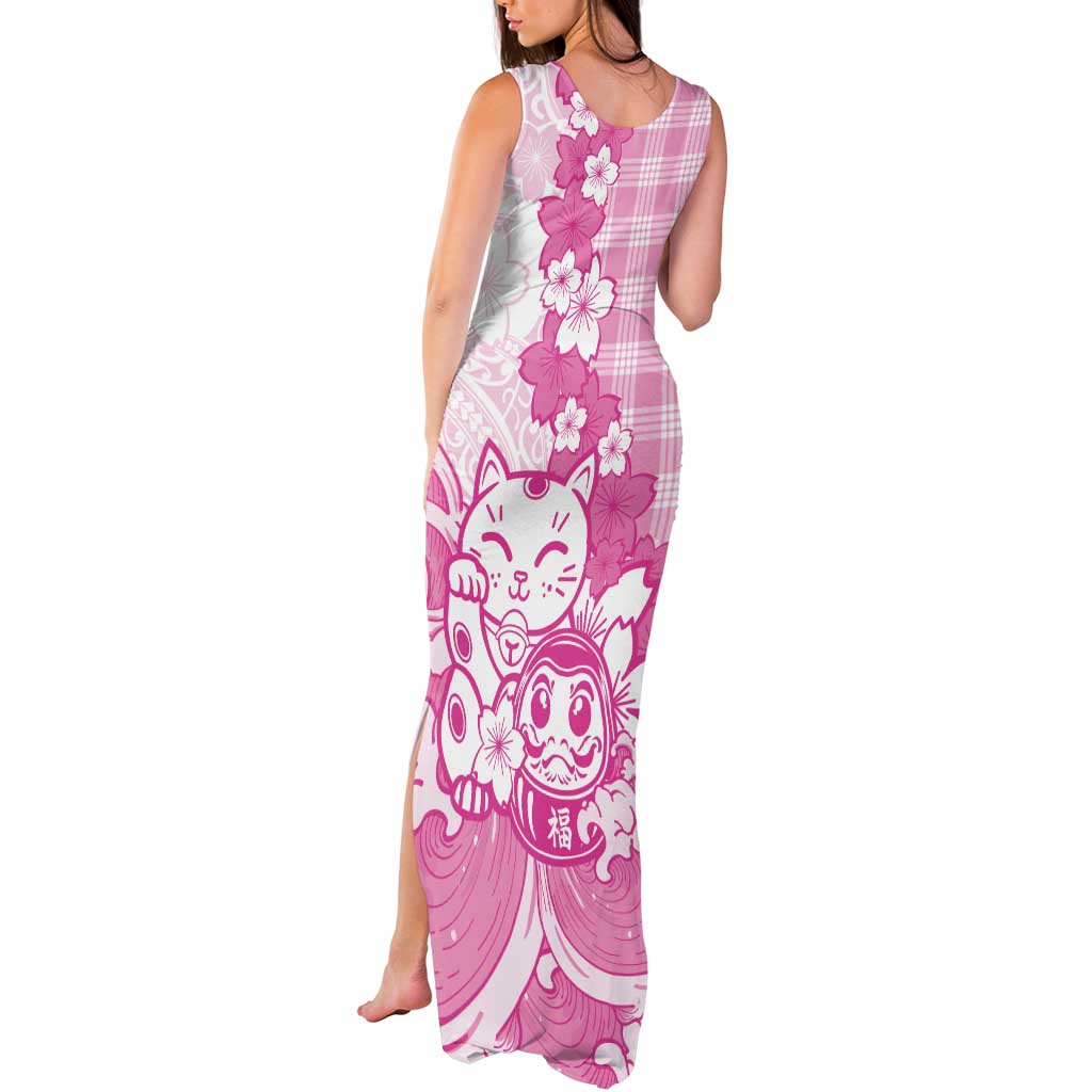 Pink Palaka Hawaiian And Japanese Tank Maxi Dress Maneki Neko And Sakura Bloom