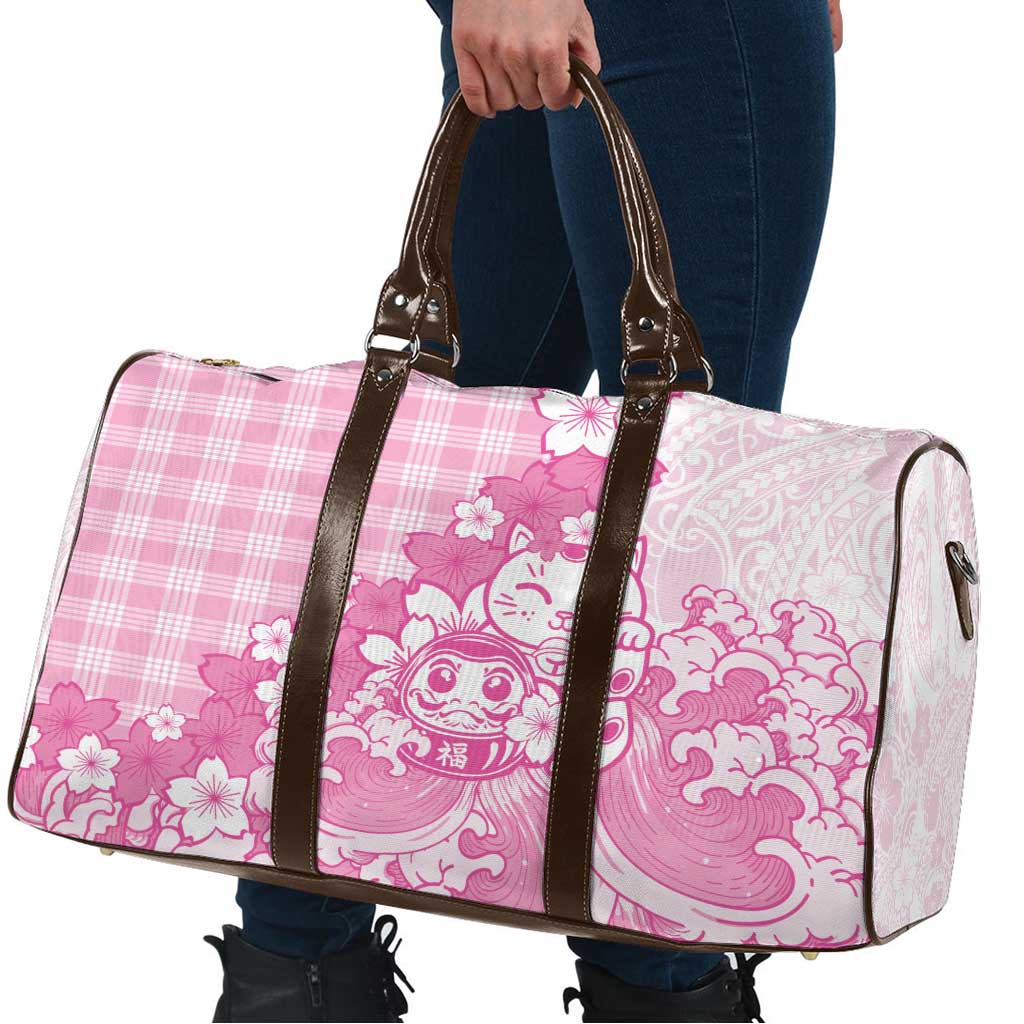 Pink Palaka Hawaiian And Japanese Travel Bag Maneki Neko And Sakura Bloom