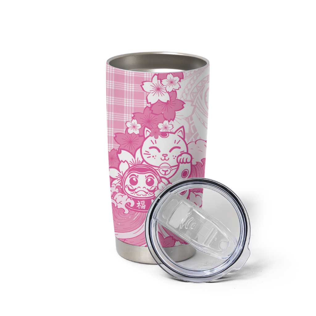 Pink Palaka Hawaiian And Japanese Tumbler Cup Maneki Neko And Sakura Bloom