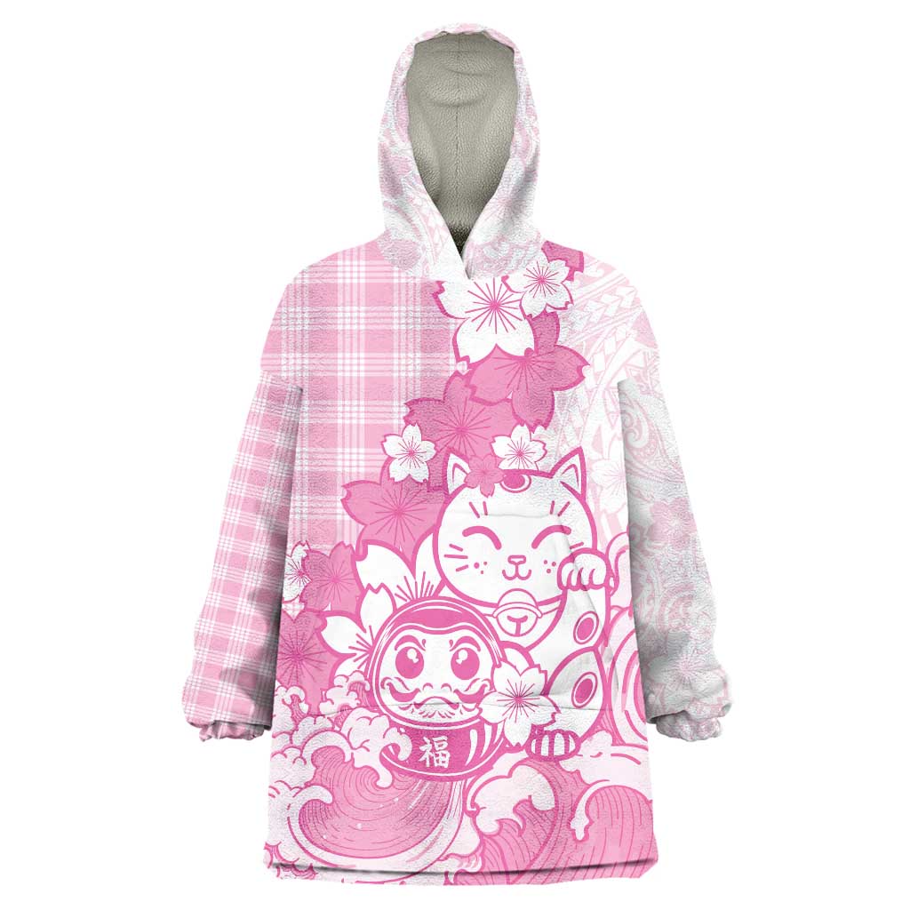 Pink Palaka Hawaiian And Japanese Wearable Blanket Hoodie Maneki Neko And Sakura Bloom