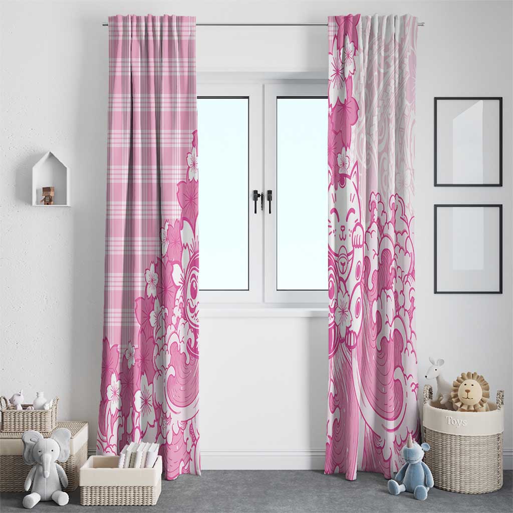 Pink Palaka Hawaiian And Japanese Window Curtain Maneki Neko And Sakura Bloom