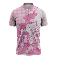 Pink Palaka Hawaiian And Japanese Zipper Polo Shirt Maneki Neko And Sakura Bloom