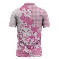 Pink Palaka Hawaiian And Japanese Zipper Polo Shirt Maneki Neko And Sakura Bloom