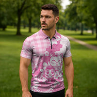 Pink Palaka Hawaiian And Japanese Zipper Polo Shirt Maneki Neko And Sakura Bloom