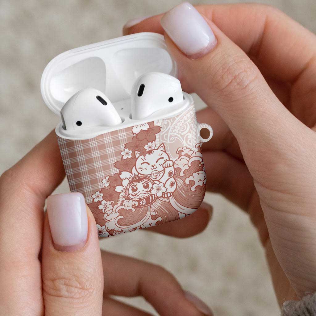 Beige Palaka Hawaiian And Japanese AirPods Case Maneki Neko And Sakura Bloom