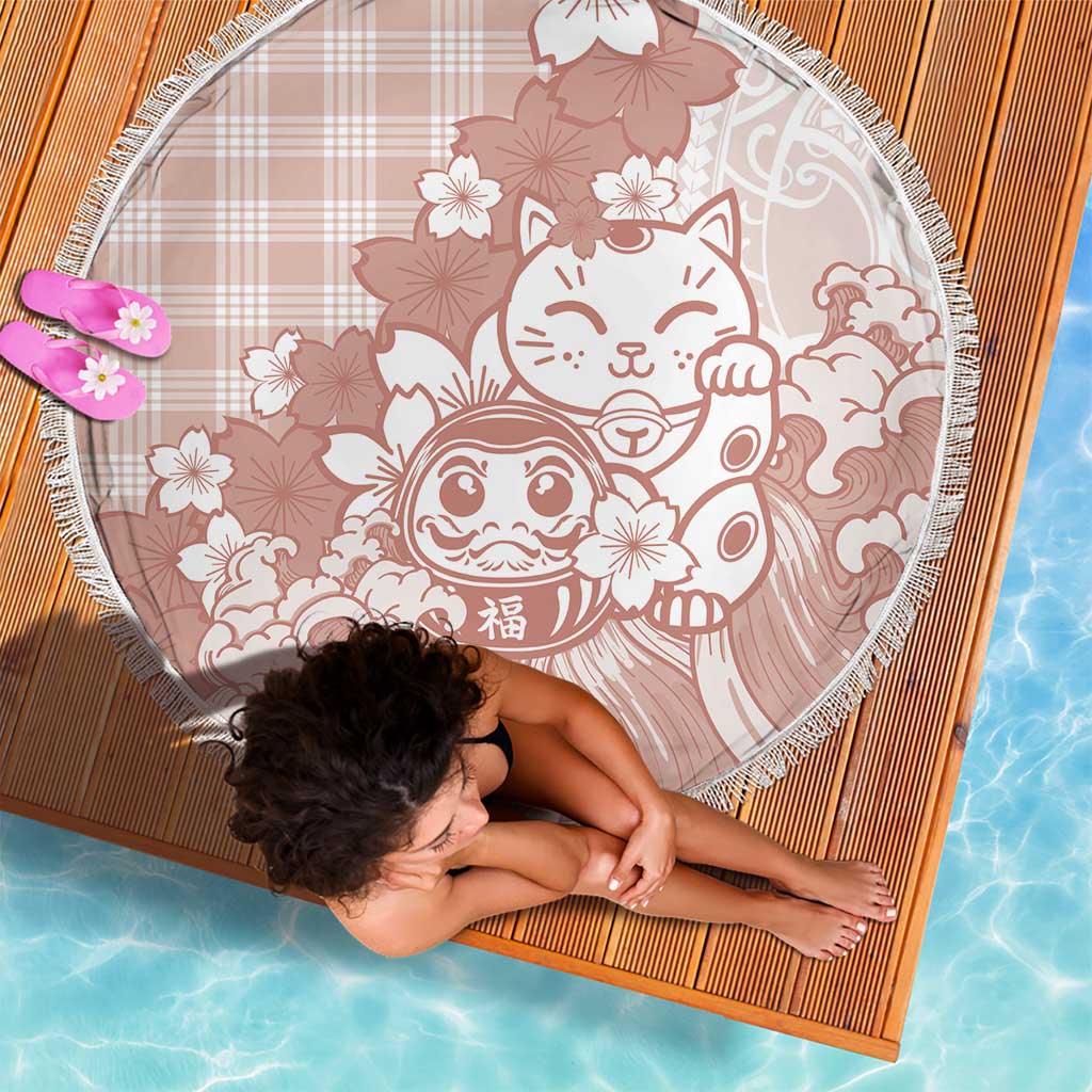 Beige Palaka Hawaiian And Japanese Beach Blanket Maneki Neko And Sakura Bloom