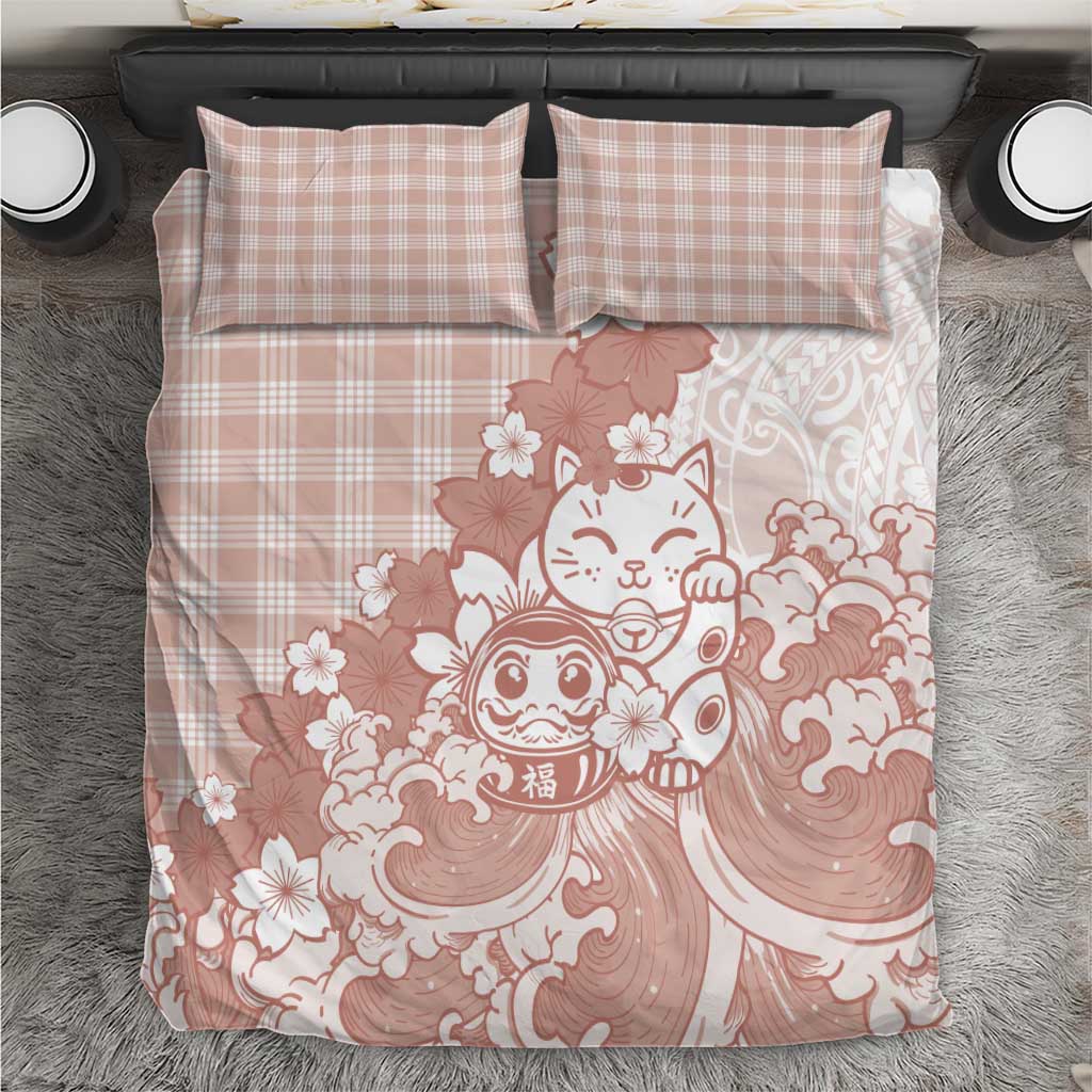 Beige Palaka Hawaiian And Japanese Bedding Set Maneki Neko And Sakura Bloom
