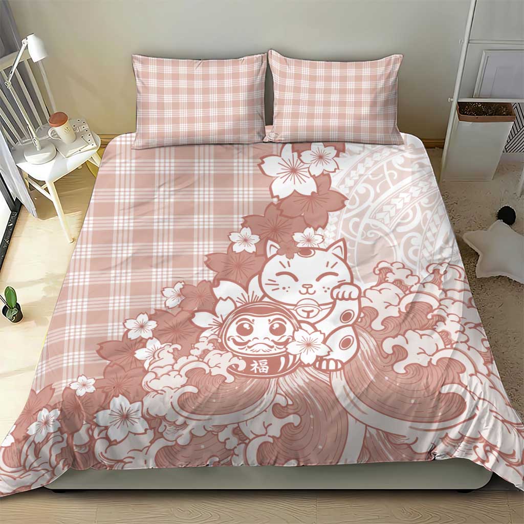 Beige Palaka Hawaiian And Japanese Bedding Set Maneki Neko And Sakura Bloom