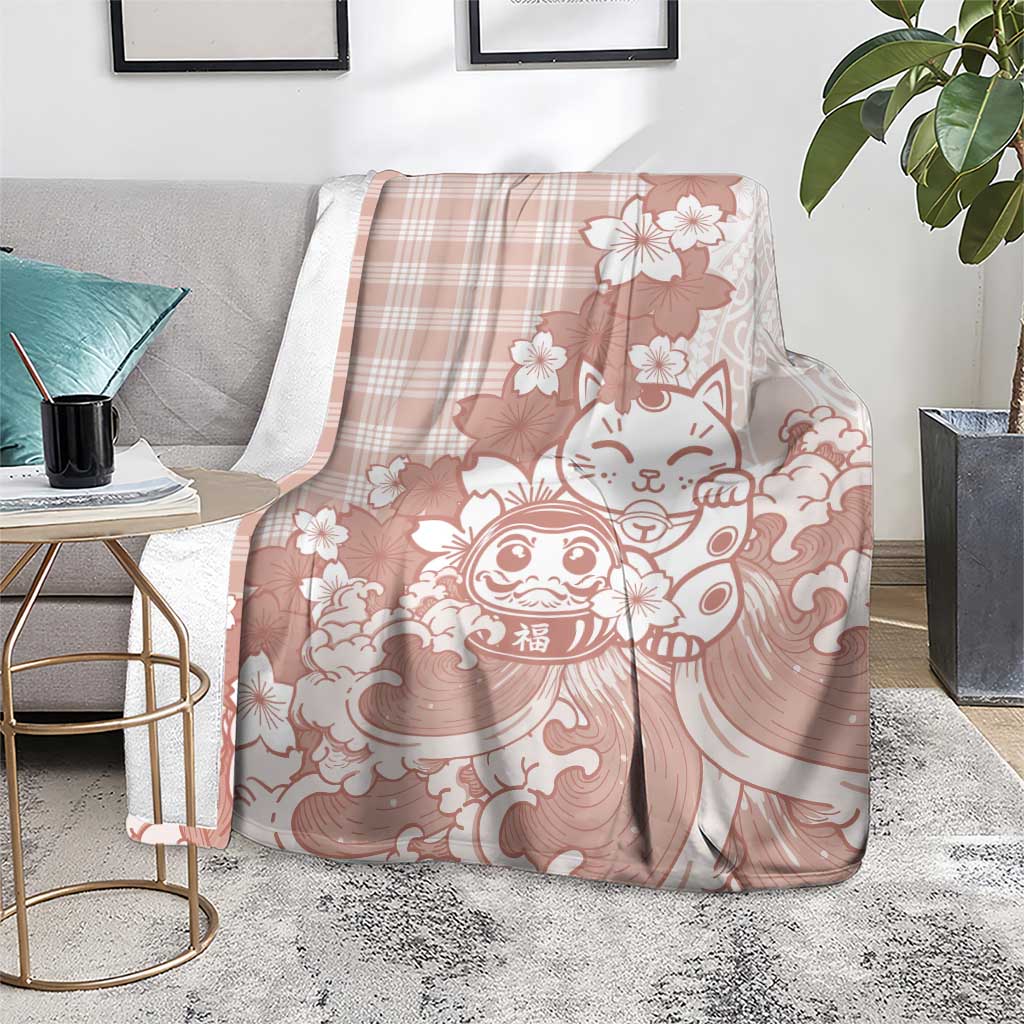 Beige Palaka Hawaiian And Japanese Blanket Maneki Neko And Sakura Bloom