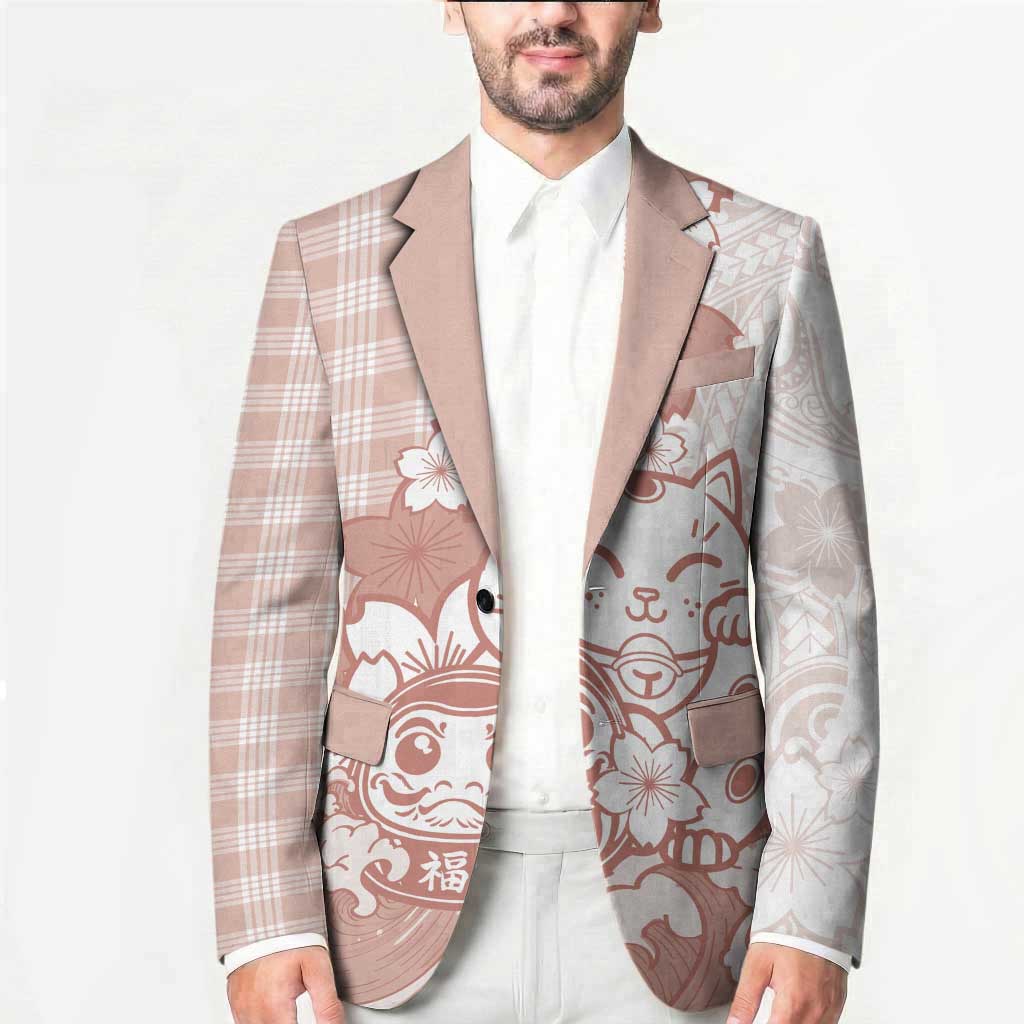 Beige Palaka Hawaiian And Japanese Blazer Maneki Neko And Sakura Bloom