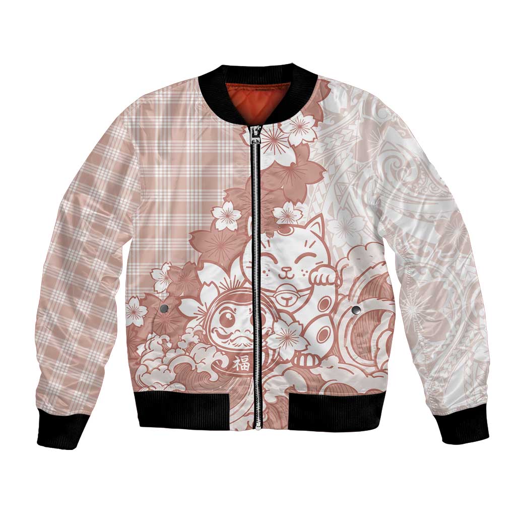 Beige Palaka Hawaiian And Japanese Bomber Jacket Maneki Neko And Sakura Bloom